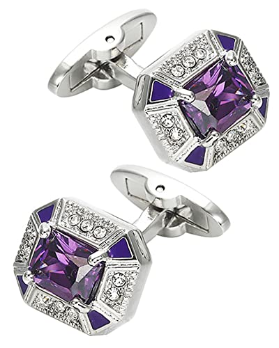 Rectangle Crystal Silver Tone Cufflinks for Men Purple/Blue/Transparent Crystals Men's Cuff Link Set for Wedding Shirt Party Business Birthday Anniversary Dress
