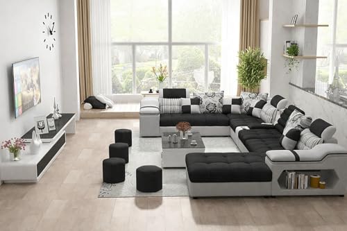 Image of Avion COMFORA U Shape 12 Seater Sofa Set for Living Room | Interchangeable U-Shaped Sectional Sofa Set with Cup Holder with 4 Puffy for Living Room & Office