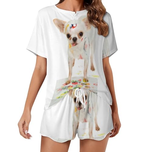 Pyjama pour femme manches courtes imprimé chien vêtement de nuit été léger