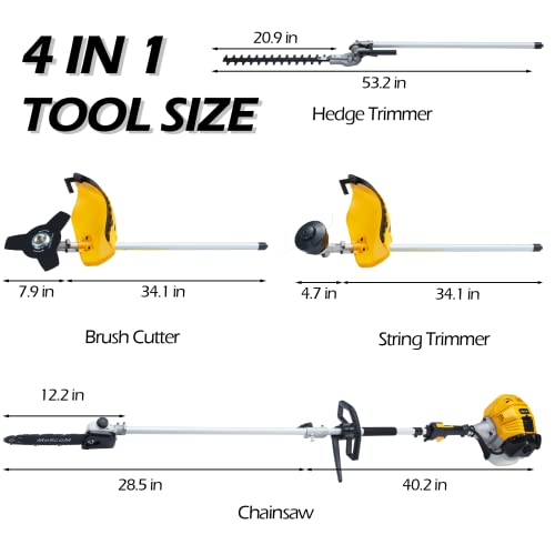 Mellcom 4 In 1 Multi-Functional Trimming Tool, 52Cc 2-Cycle Garden Tool System With Gas Pole Saw, Hedge Trimmer, Grass Trimmer, And Brush Cutter, Reach To 10Ft Garden Combo For Lawn Care #TOP1