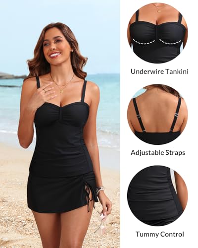 Image of Yonique Womens Underwire Tankini Swimsuits with Skirt Two Piece Bathing Suits Tummy Control Swimwear