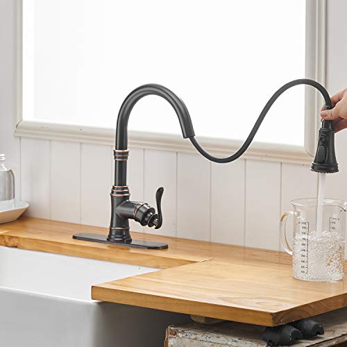 Homevacious Kitchen Faucet Oil Rubbed Bronze With Pull Out Sprayer 3 Spray Modes Single Handle Singe Lever High Arc Farmhouse Kitchen Sink Faucet With Deck Plate Lead-Free Pull Down Sprayer #TOP2
