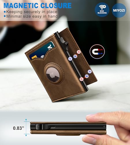Image of miyozi Airtag Wallet for Men,with Cash Pocket 2 ID Window 9-12 Cards,Metal Case Smart Slim Pop Up Credit Card Holder Flip with Magnetic Closure RFID Blocking Trifold wallet with Gift Box