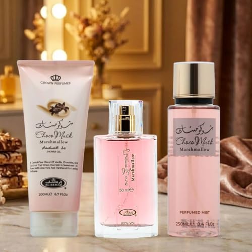 Image of Al-Rehab Choco Musk Marshmallow 3-Piece Gift Set - Eau de Parfum 50ml + Shower Gel 200ml + Body Mist 250ml - Sweet Strawberry & Marshmallow Unisex Collection