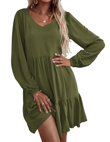 HOTOUCH Womens Casual A Line Dress V Neck Tiered Long Sleeve Fit Swing Dress with Pockets Loose Ruffled Dresses