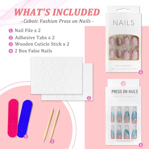 Ceboic 48 sztuk sztucznych paznokci francuskie krótkie migdały, 2 pudełka sztuczne paznokcie pełne pokrycie Nude Pink Press on Nails z kryształkami górskimi wzór, naturalne sztuczne paznokcie dla