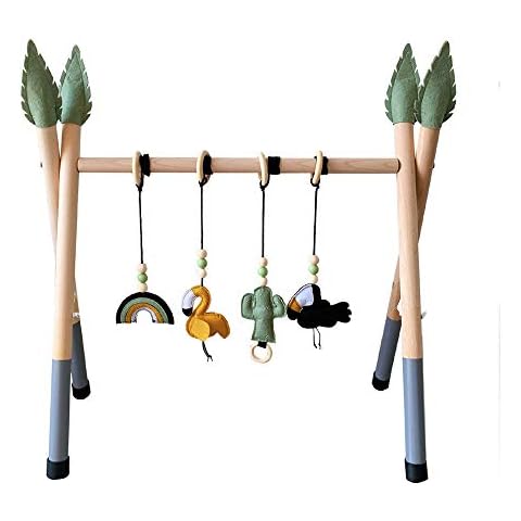 HB.YE Baby Wooden Play Gym with 4 PCS Pendant Toys 4 PCS Covers Handmade Foldable Frame + 4PCS Teethers + 4PCS Leaf Hats Rattle Rings Sensory Toy Activity Gift (Grey&Green) Cover