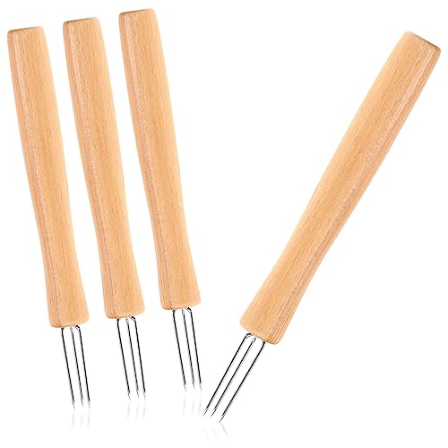 com-four® 4x Pellkartoffel-Gabel mit 3 Zinken, aus rostfreiem Edelstahl 430 und Buchholz, wiederverwendbare, extra große, ergonomische Maisspieß und Schälhilfen (04 Stück - Holz lang)