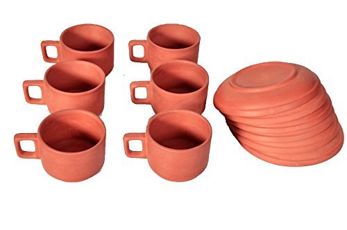 Odishabazaar Cup Set Handcrafted Terracotta Pottery Chai (Tea) Kulhad/Kullar/Cups With 6 Plate Traditional Tea/Coffee Cups Clay Tea Mug Set Of (6 Cup & 6 Saucer) (Brown) #TOP1
