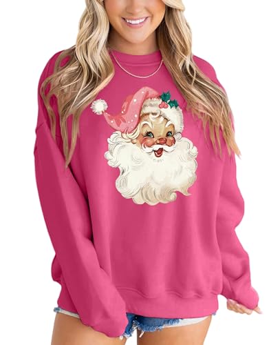 MAPICK Retro Santa Sweatshirt for Women Vintage Christmas Fleece Linend Sweaters Crewneck Oversized Long Sleeve Tops