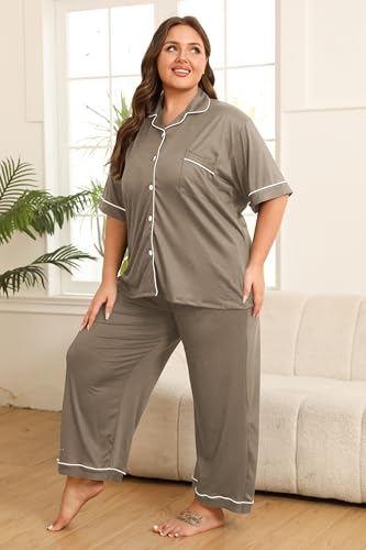 Image of Vozanet Women's Plus Size Pajamas Button Down Shirt and Pants Soft Lounge Sets Bride Nighty Bottom with Pockets 1x to 5x
