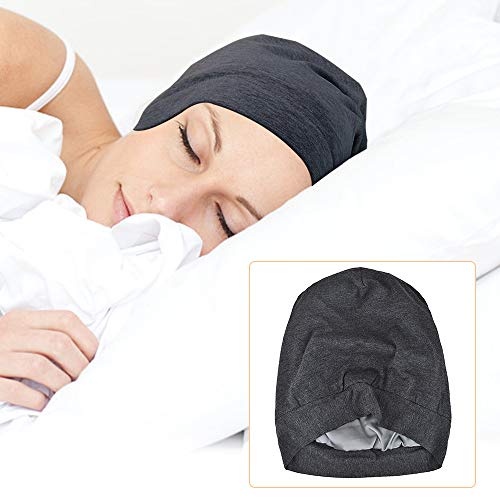 XCOZU 2 Pack Sleep Cap, Satin Bonnet Silk Hair Bonnet, Night Cap Slouchy Breathable Headwear Curly Hair Satin Lined Beanie Chemo Cap Silk Lined Hat for Men/Women(Black, Grey)