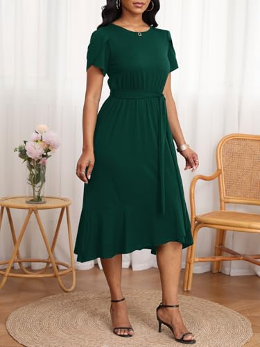 Image of PerZeal Women's Summer Dress Casual Ruffle Sleeve Crewneck A-Line Tiered Flowy Short Sleeve Long Dress with Belt