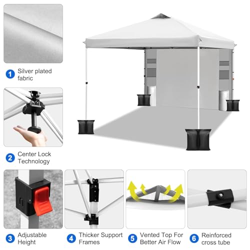 WEIZE 10x10 Pop Up Canopy Tent,One-Button Push Setup,Pop Up Tent with 1 Sidewall and 6 Pockets,Adjustable Height Instant Portable Shelter,4 Weight Bags,Sun Shade for Events & Beach (White)