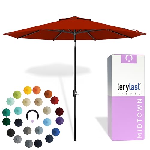 Image of Midtown Umbrellas - 10-Year-No-Fade 9 Ft Patio Umbrella with Terylast Fabric, Auto-Tilt Aluminum Frame and 8 Reinforced Ribs for Deck, Pool, Garden & Beach - Apple Red Canopy, Black Pole