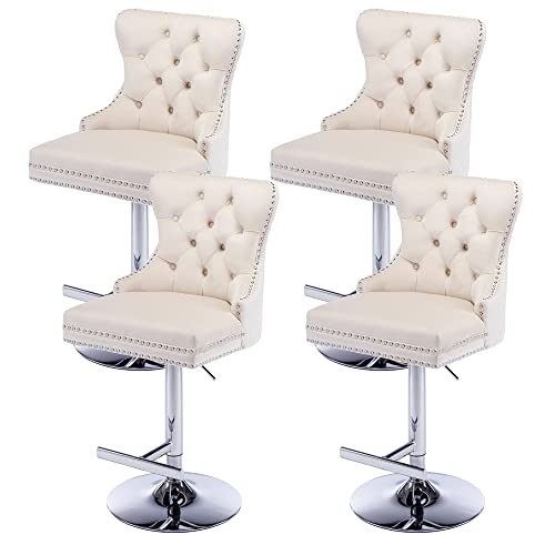 Goolon Velvet Tufted Barstools Set Of 4, Swivel Counter Chairs With Diamond Lattice Back, Height Adjustable Seat With Rivet Trim Metal Pull cover