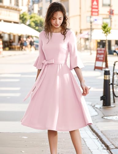 Image of HomRain Women's Church Dresses Modest Bell Sleeve Wedding Guest Cocktail Tea Party Vintage Evening Dress