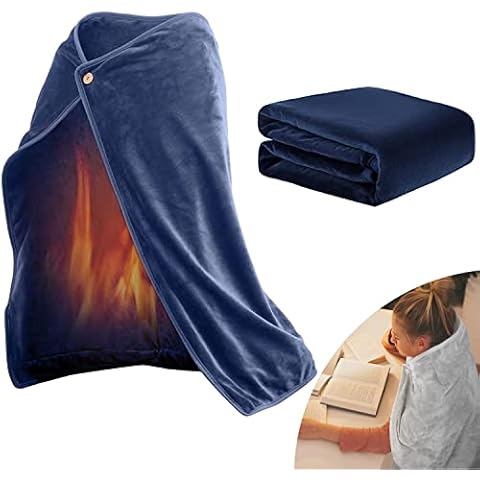 QINSHUI Electric Heated Throw Blanket,Thickening Flannel USB Heated Wrap Shawl with Buttons Portable Wearable Electric Heating Warming Blanket for Car Office Chair, 100x70cm (Blue) Cover
