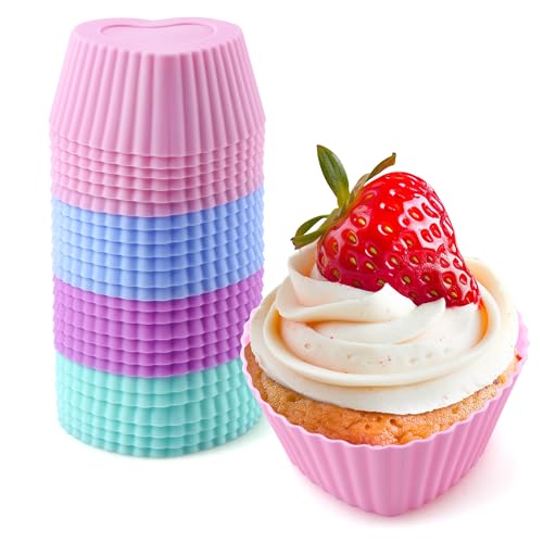 24 Pack Silicone Baking Cups Heart-shaped Reusable Nonstick Cupcake Liners Food Grade BPA Free Multicolor Mini Cake Molds