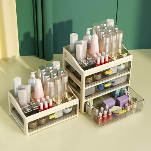 Image of HoopVool Desk Makeup Organizer, Plastic Storage Box with Sliding Drawer, Stylish Display Case for Cosmetics, Lotion, Nail Polish,Brushes,and Jewelry (3 - Layer, Cream)