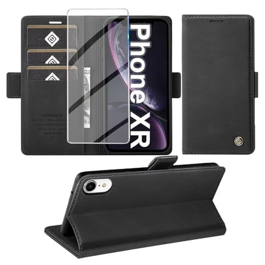 Giyer Handyhülle für iPhone XR Hülle mit Schutzfolie, Kartenfach Wallet Klapphülle Premium Leder Standfunktion Schutzhülle für iPhone XR Flip Case Cover Tasche (Schwarz)