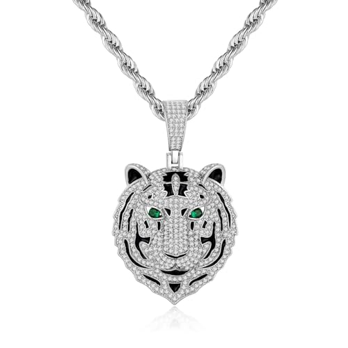 Silver Tiger Pendant Necklace for Men Stainless Steel Rope Chain Iced Out Tiger Head Necklaces with Green Gemstone Mens Pendant Necklace Hiphop Jewelry