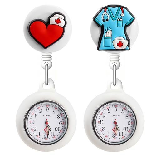 2PCS Nurse Watches for Women, Retractable Nurses Fob with Brooch Lapel Pocket Watch Cute Pattern and Silicone Case Luminous Hands Clip-on Watch Easy for Nurses Doctors Paramedic to Carry