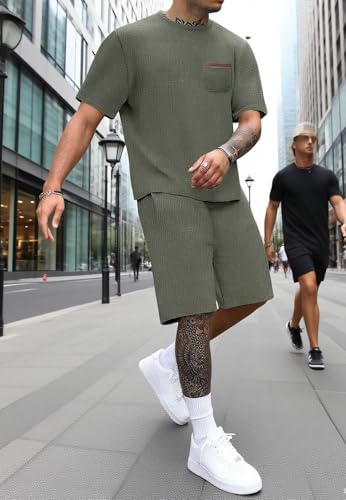 Annystore Mens Shorts Sets 2 Piece Outfits Summer Tracksuit Waffle Short Sleeve T Shirts and Shorts Set Beach Outfits4