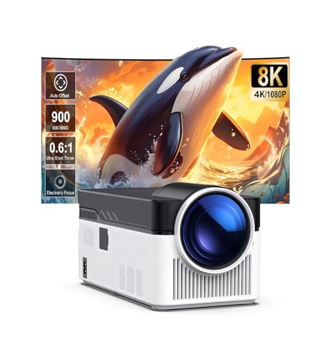 Full HD Ultra Short Throw Projector with Auto Shift 8K 4K 1080P 900ANSI BT5.4 Electronic Focus WiFi...