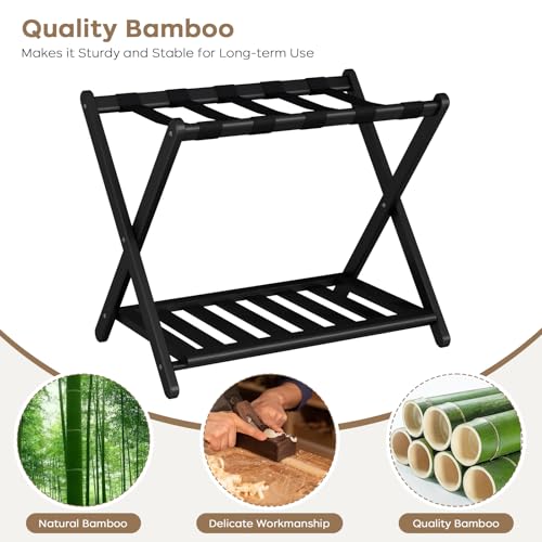 2 Pack Fully Assembled Black Luggage Racks, Bamboo 26.77" Folding Suitcase Stand for Guest Room with 5 Nylon Straps, Heavy Duty, Upgraded Luggage Rack Holder with Shelf for Bedroom Hotel