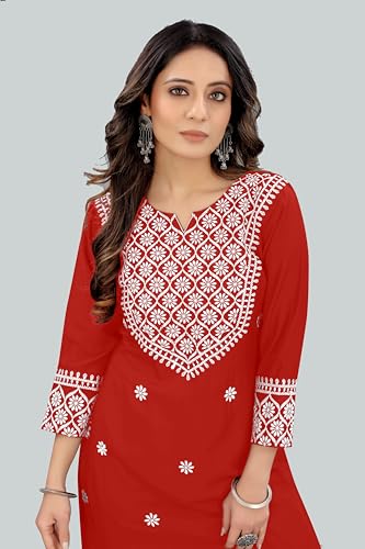 Image of Women's Rayon Embroidered Straight Kurti Under 499 Designer Attractive Look Women's Kurta