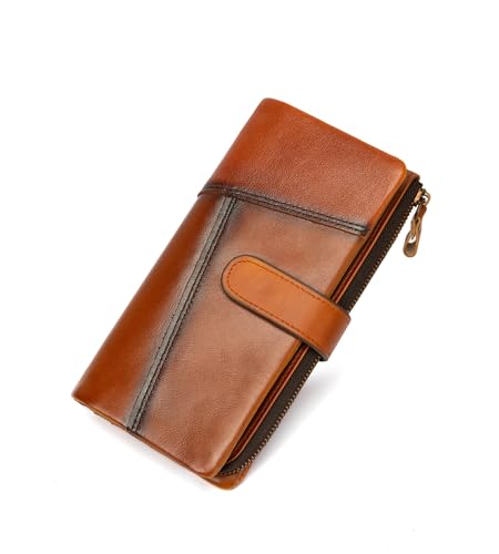 KingTo Genuine Leather Long Wallet for Women Vintage Checkbook Wallets with RFID Blocking Card Holder (Vintage yellow)