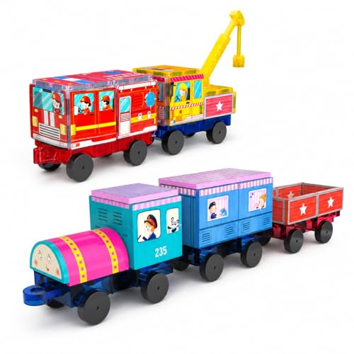 apyr aoma Magnetic Tiles Cars Construction Set for Kids, 30PCS Magnetic Building Tiles with 3 Car Bases & Crane, Train and Truck Magnet Blocks STEM Toys for Boys Girls Ages 3-8