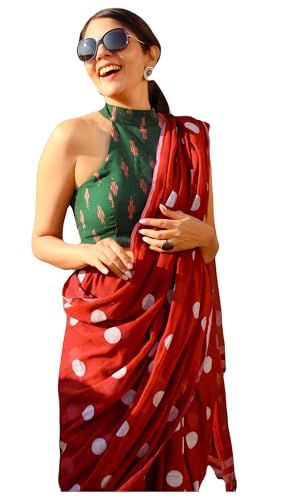 Image of Sidhidata Women's Polka Dot Printed Linen Cotton Saree With Unstitched Blouse Piece (Laddu Free Size)