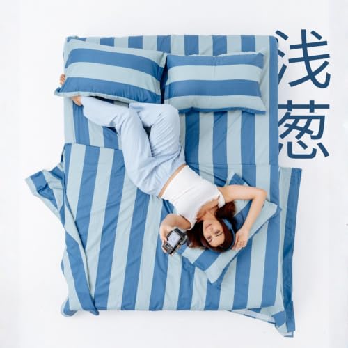 Image of Haus & Kinder Double Bed Bedsheet 90 x 100 | 186 TC Pure Cotton Bed Sheet Double Bed with 2 Pillow Covers | Queen Size Bed Sheet | Asagi Stripe Traditional Blue-Green