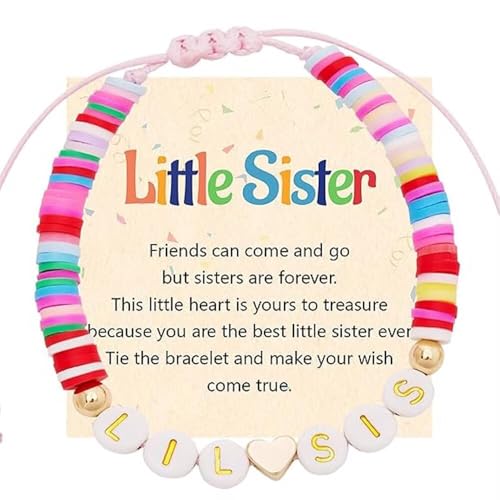 Image of Big Sister Gifts For Little, Pastel Rainbow Heart Rainbow Ball Big Little Sister Bracelet Announcement, Birthday Jewelry