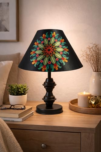 Image of tu casa Modern Table Lamp with Crimson Floral Satin Shade | Metal Iron Base Decorative lamp for Living Room| Study & Home Decor, Designer Table Lamp for Gifting (Radiant Mandala Bloom)