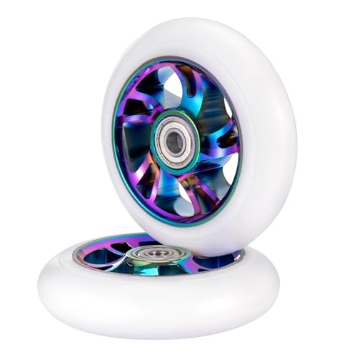 100mm Scooter Wheels 2 Pack - Pro Scooter Wheels with ABEC-9 Bearings Installed 88A PU Replacement Wheels Fit for Razor MGP Lucky Envy & Pro Scooters White