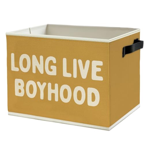 Image of Long Live Boyhood Boys Storage Bins Box with Handles, Yellow Pattern Collapsible Basket Organizer for Kids Teen Boy Nursery Room Bedroom Bathroom Playroom Books Clothes
