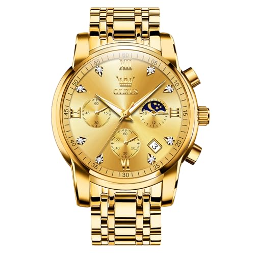 OLEVS Gold Watches for Men Classic Luxury Diamond Mens Chronograph Watch Big Face Gold Stainless Steel Analog Quartz Dress Mens Watch Roman Numerals Waterproof Luminous with Date Mens Watches