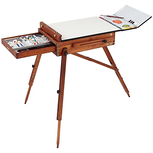 Safari Deluxe Artist Quality French Easel - Portable With Storage Sketch Box, Adjustable Height, Wooden Paint Pallete And Shoulder Strap - Walnut Stain #TOP4