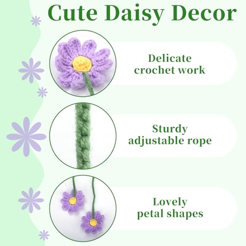 2 PCS Crochet Daisy Car Accessories for Women, Car Rearview Mirror Hanging Accessories, Handmade Cute Cars Accessory for Women Aesthetic, Crochet Flowers Purple Cars Decor (Purple)