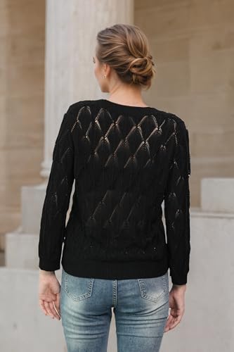 Image of Women's 2025 Crochet Sweater Cardigan 3 /4 Sleeve Lightweight Summer Knit Sweater | Open Front Boho Shrug Top | Beach Cover-Up & Office Wear | Machine Washable 21-Black-XL