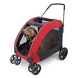 Extra Large Pet Stroller for Medium & Large Dogs, Foldable Four-Wheeled Trolley with Top Window, Holds Up to 60kg (Grey)(Red)