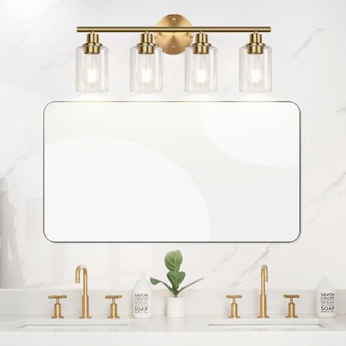 4-Light Bathroom Light Fixtures, Brushed Gold Modern Vanity Lights Over Mirror with Clear Glass Shade, Bathroom Wall Lamp for Mirror Kitchen Living Room Hallway Cabinet Porch Bedroom Reading room