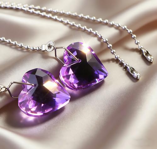 Image of 2Pcs Crystal Ceiling Fan Pull Chain Extender with Connector, 12 inch | K9 Crystal Glass, Not Acrylic, Heart Prism, Cut-To-Length Adjustable, Snap-On Connector For Fan, Light, Lamp (Purple)