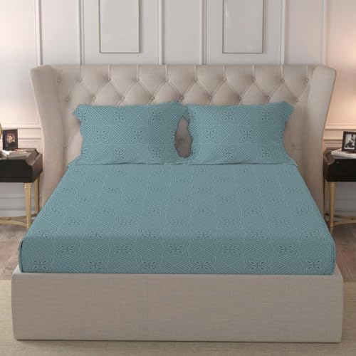 Image of LOOMLYFE 300 TC Cotton Feel Glace Cotton Elastic Fitted Printed King Size Double Bed Bedsheet with 2 Pillow Covers Fits Upto 8 inches Mattress, Size- 72X78 Inches, BlueFlower