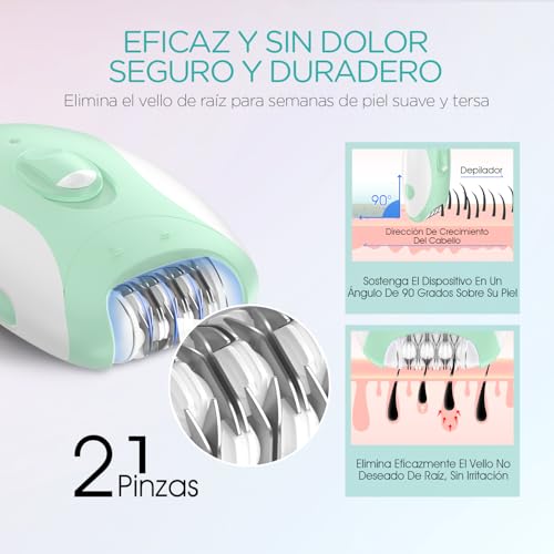 VOGOE Depiladora Electrica Mujer,Maquina Depilar 4 en 1 con 2 Velocidades, Recargable e Inalámbrica, 21 Pinzas Cubiertas, epilator para Cara Piernas Brazos Axilas Bikini, Verde HR310 - imagen 3