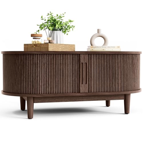 LINSY HOME Oval Coffee Table, Wood Coffee Table with Storage, Fluted Accent Center Table with Sliding Tambour Door, 39' Mid Century Modern Coffee Tables for Living Room, Bedroom, Apartment, Walnut