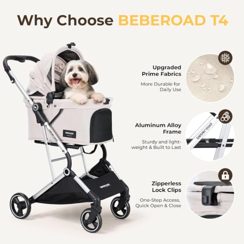 Image of T4 Pet Stroller for Small Medium Dogs, Cat Strollers for 2 Cats, 4 Wheels Folding Pet Stroller for Cats with Pad, Canopy and Cup Holder, Beige